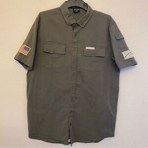 Grunt Style GARAGE BUTTON DOWN MILITARY GREEN short sleeve patriotic shirt L